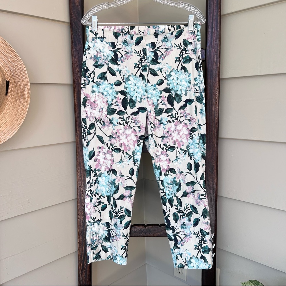 J. Jill Floral Pants Womens Petite Small Side Zip Capri Pants Casual Linen Blend